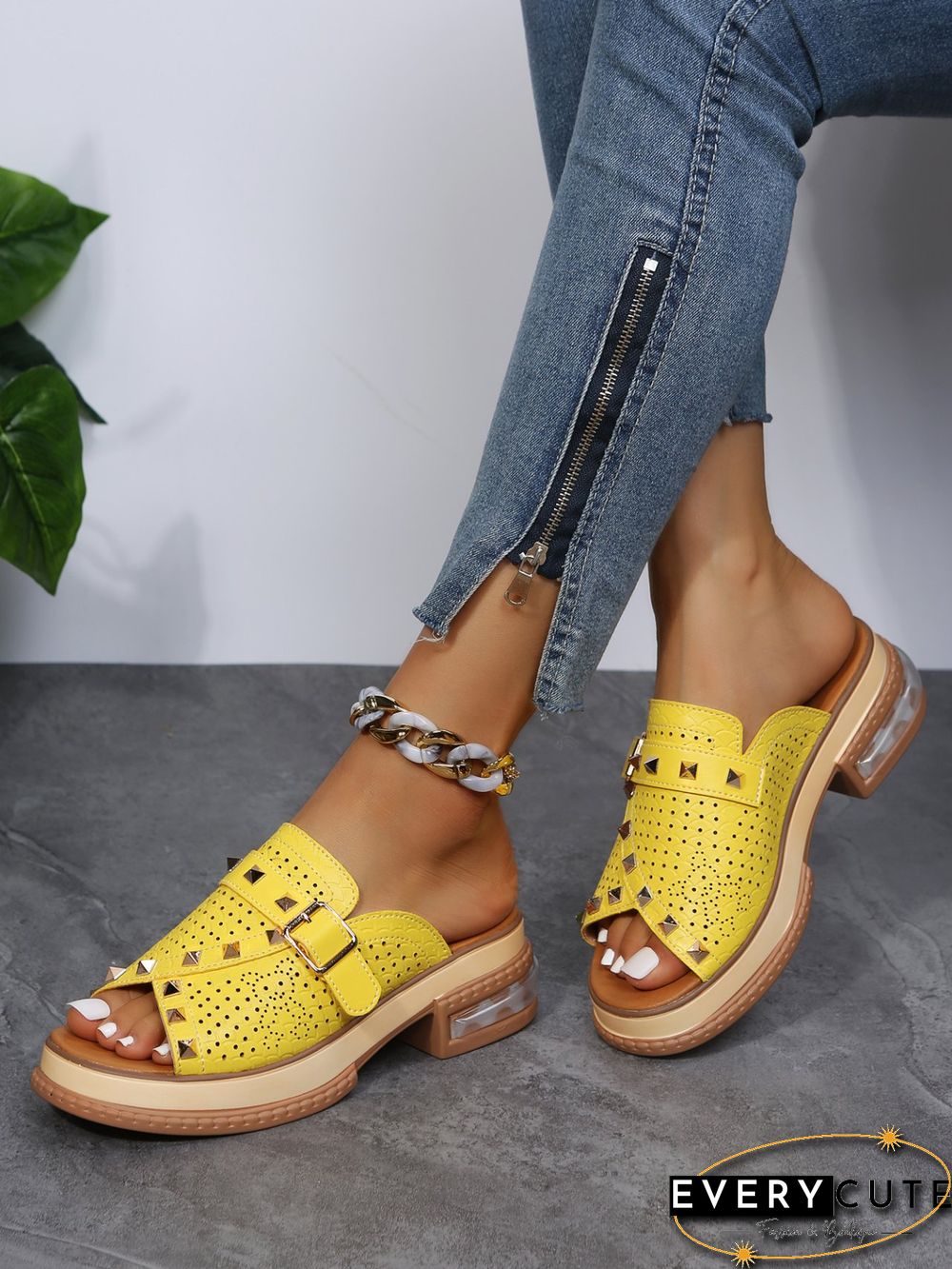 Urban Studded Snake Print Chunky Heel Slippers