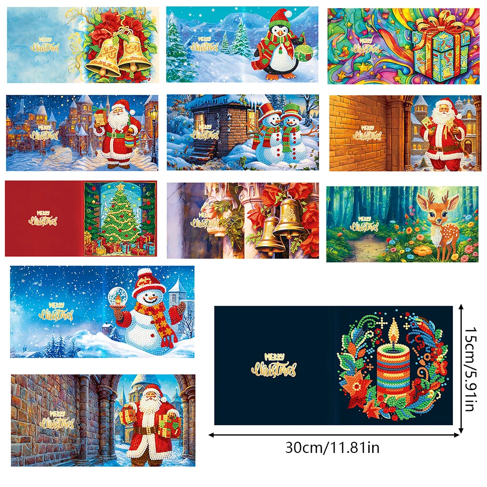 12pcs DIY Christmas Diamond Drawing Holiday Card for Craft【With White Envelope】