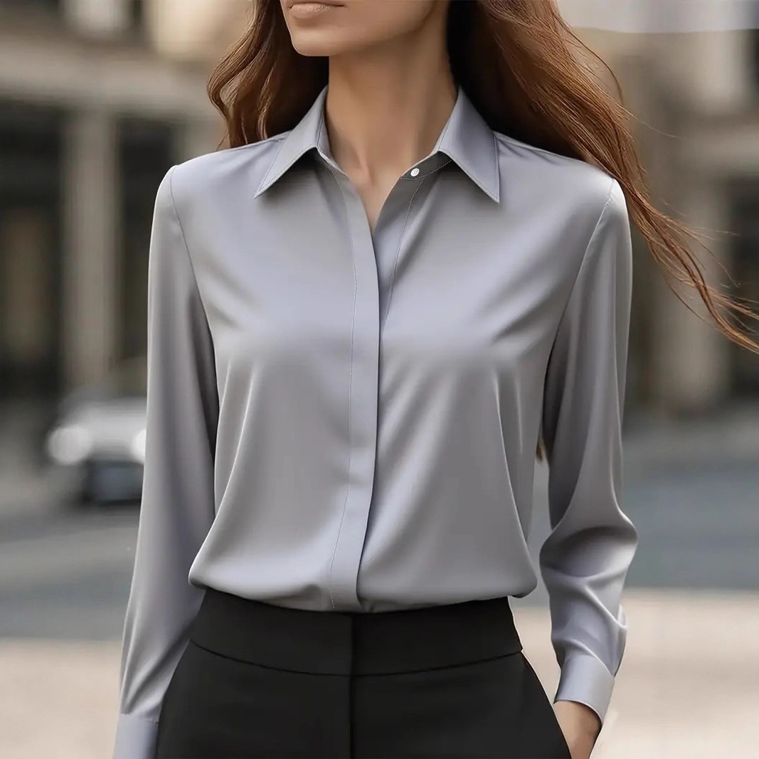 Satin Button-Down Long Sleeve Blouse