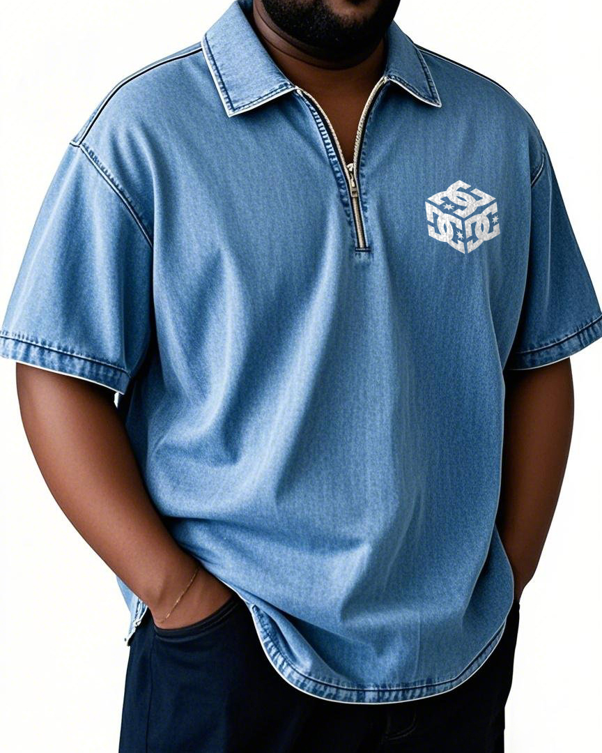 Men's Plus Size Three-dimensional White Letters Zipper Stand Collar Short Sleeve Shirt