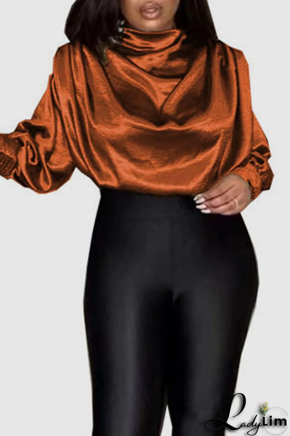 Black Casual Elegant Solid Patchwork Fold Turtleneck Tops