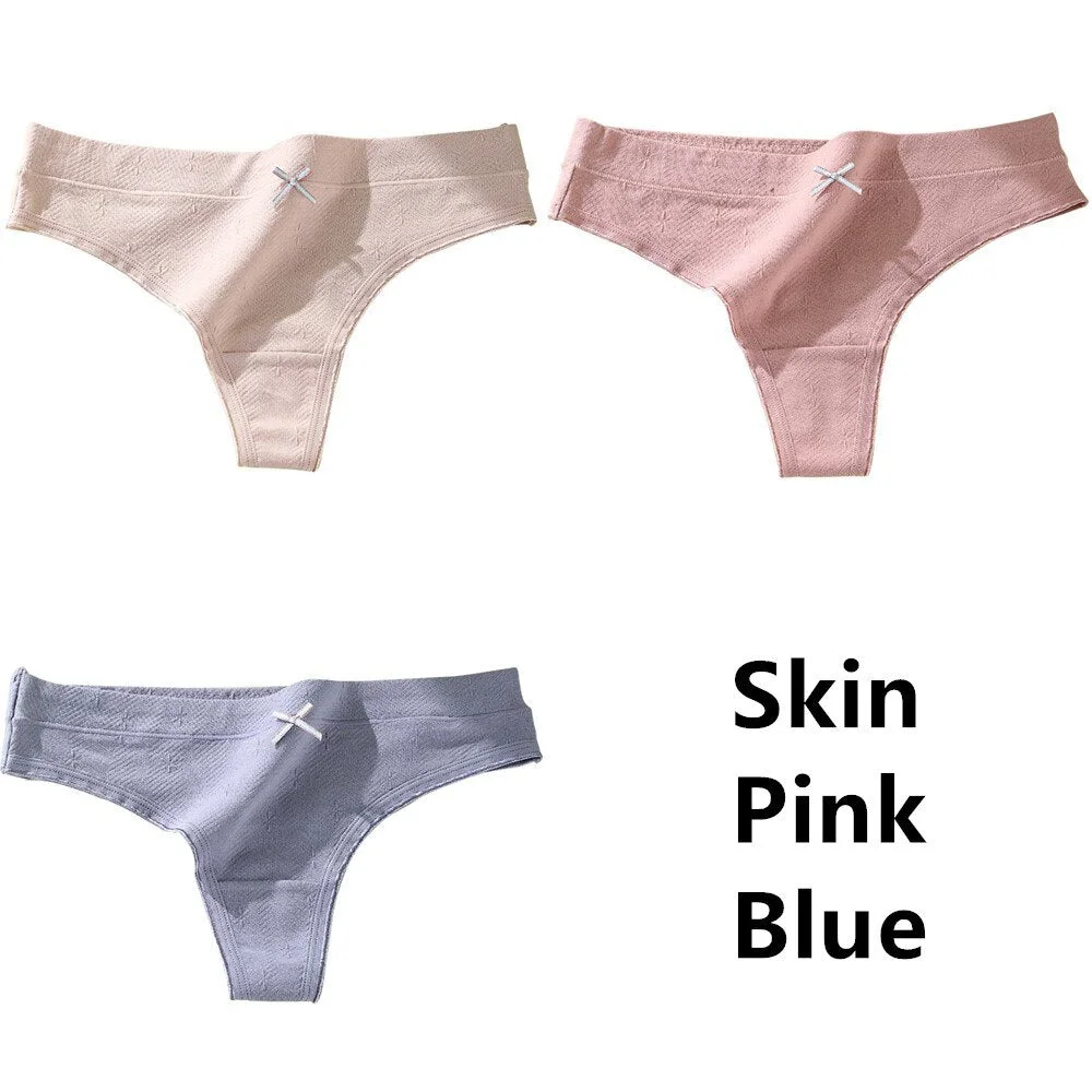 3Pcs Women's Cotton G-String Thong Sexy Panties for Women Bow Seamless Briefs Underwear Intimate Lingerie Ladies T-back Low-Rise