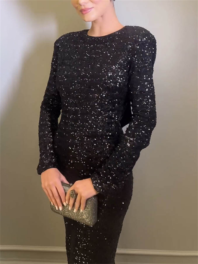 Ootddress Tee Bow Sequin Slim Maxi Dress For Women Backless Split Glitter Elegant Club Fashion Party Dress Ladies Long Sleeve Dress