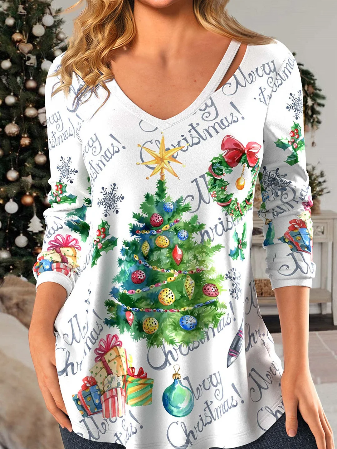 Women Long Sleeve V-neck Christmas Tree Printed Letters Lace Christmas Tops