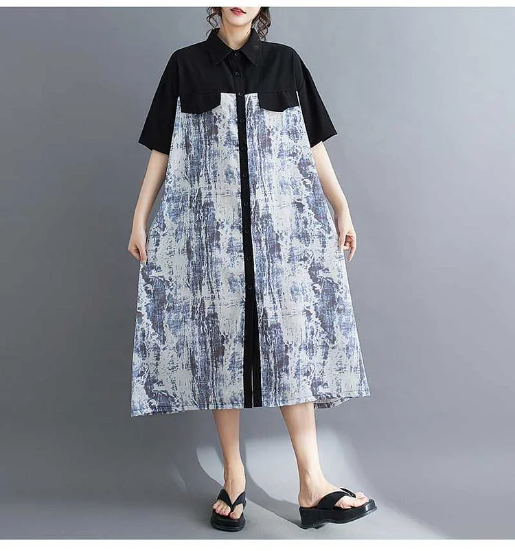Loose Splicing Colorblocked Printed Lapel Midi Dress