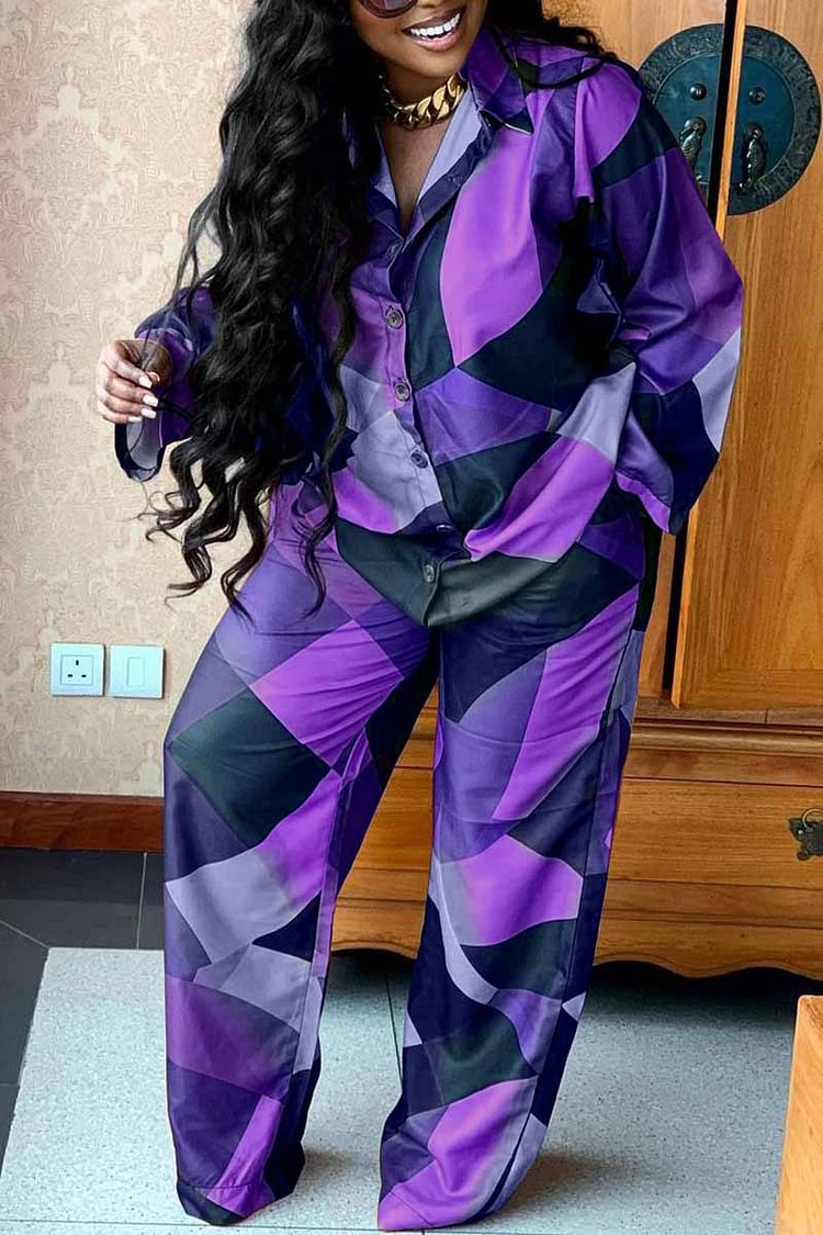 Xpluswear Plus Size Casual Purple Pattern Print Long Sleeve Two Pieces Pants Set