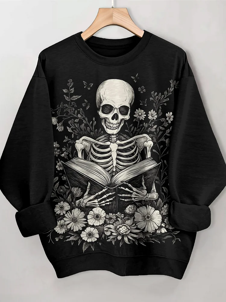 Women's Skeleton Reading Art Print Casual Sweatshirt