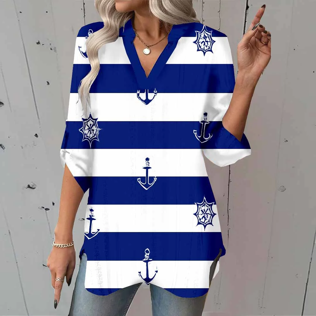 Women Ocean, Navy Blue, Anchor DZGA0107 3/4 Sleeve V-neck Printed Graphic Button Tops