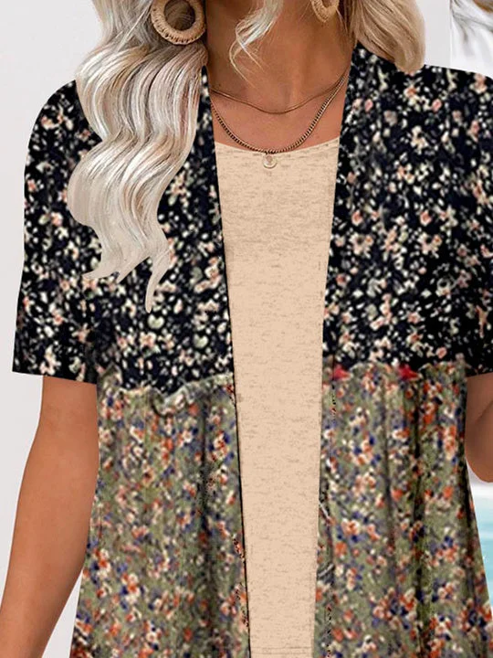 Women Short Sleeve V-neck Floral Printed Graphic Two-Pieced Cardigan Tops