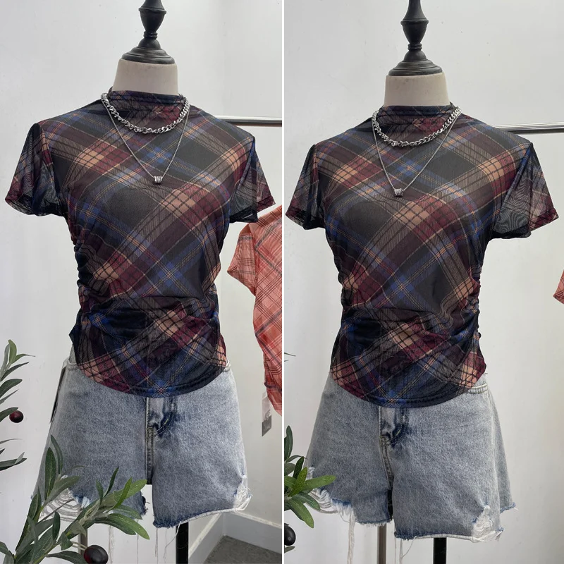 Churchf Real Shooting Sweet Cool Hottie Slim Slimming Vintage Lattice Short-Sleeved T-Shirt Small Neck Folding Thin Top 22892