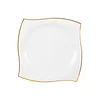 10 Pack | 10" White / Gold Wavy Rim Modern Square Plastic Dinner Plates, Disposable Party Plates