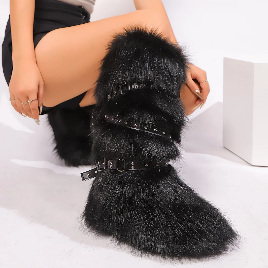 European and American Cross-border Y2K Spice Girls Sexy High Barrel Snow Boots 2024 New Cross Belt Buckle Fur Hair Boots-MERUMOTE