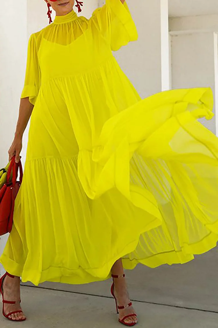 Plus Size Yellow Summer Flying Dress Half Sleeve Mock Neck Chiffon Maxi Dresses 