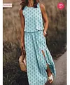 Women's Casual Round Neck Solid Color Sleeveless Slit Jumpsuit Long Dress