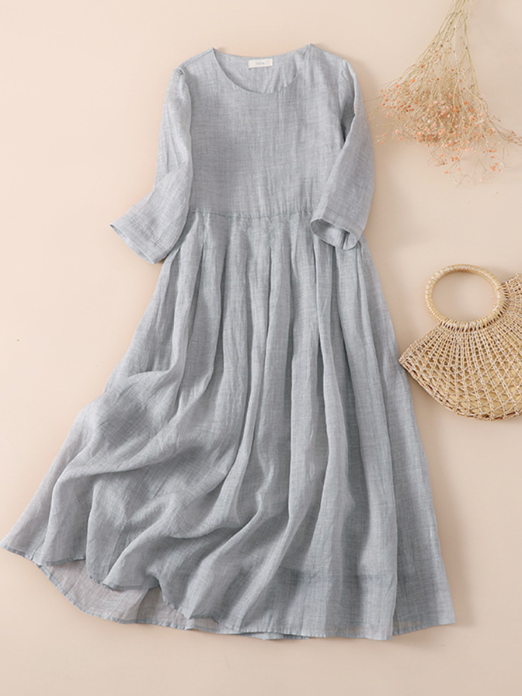 Retro Loose Cotton Linen Solid Color Mid-length High Elegant Casual Dress