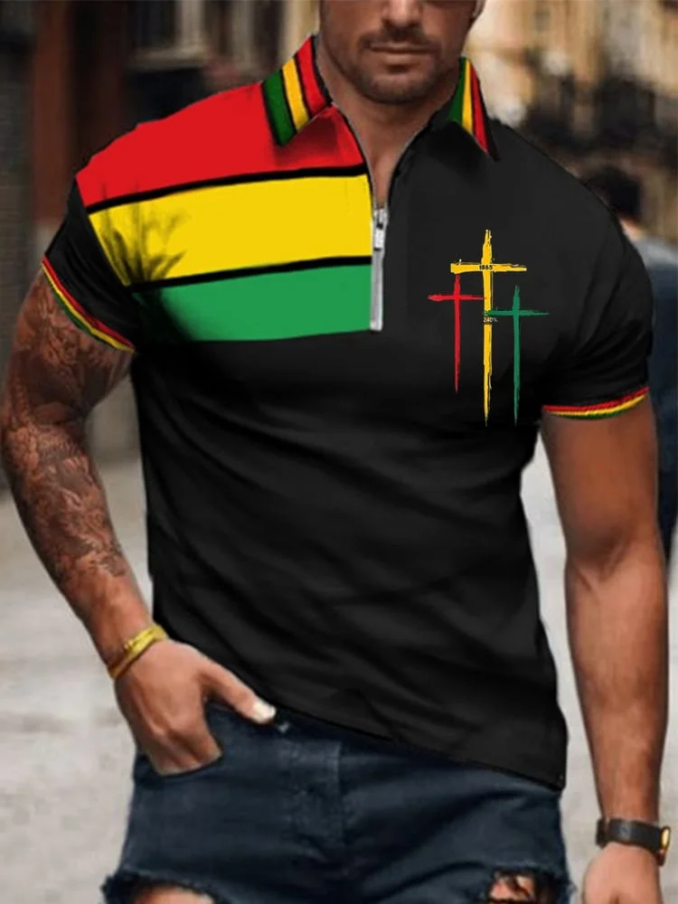Men's Juneteenth 1865 Faith Long Sleeve Zip-Up POLO Shirt 
