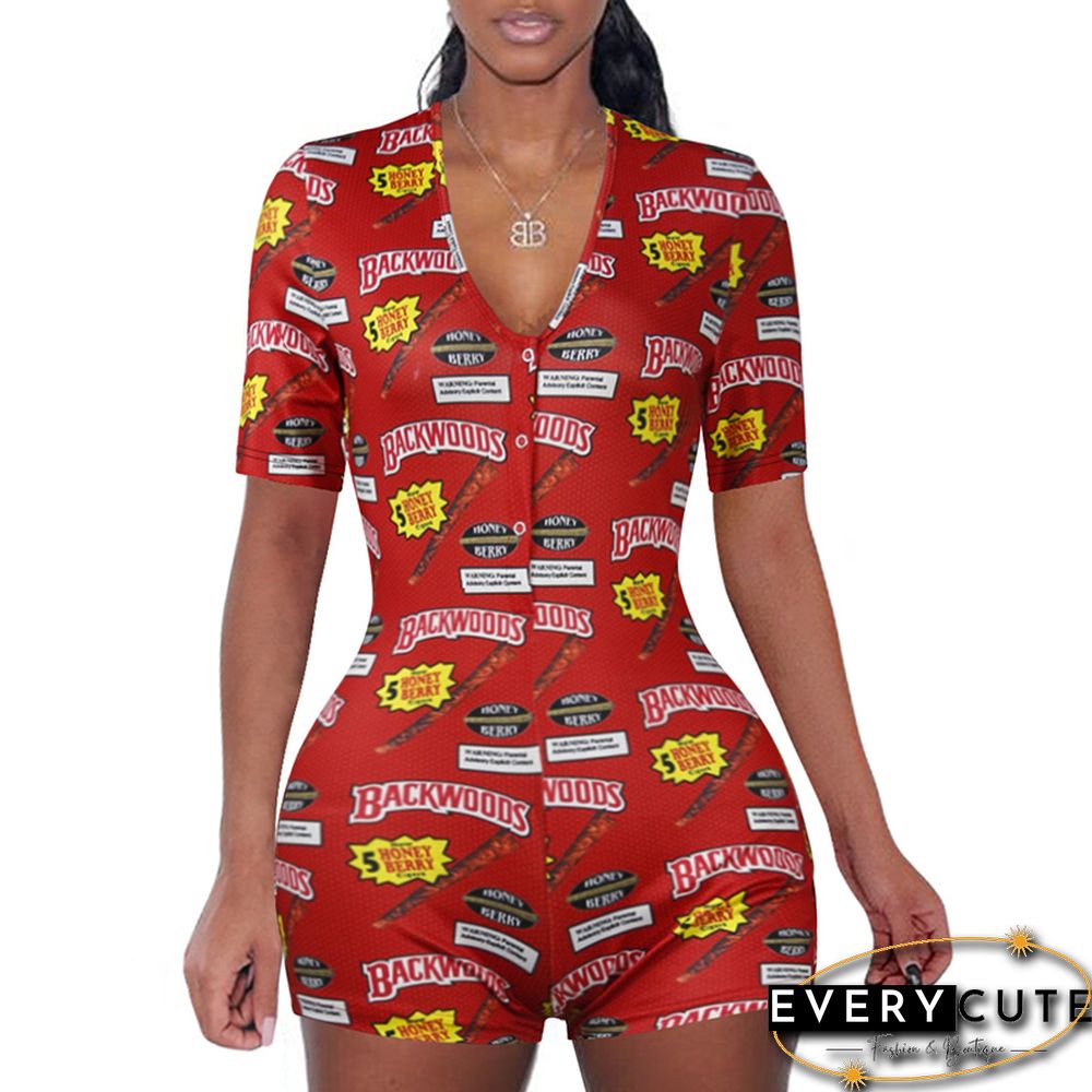 Red Printed V Neck Bodycon Romper