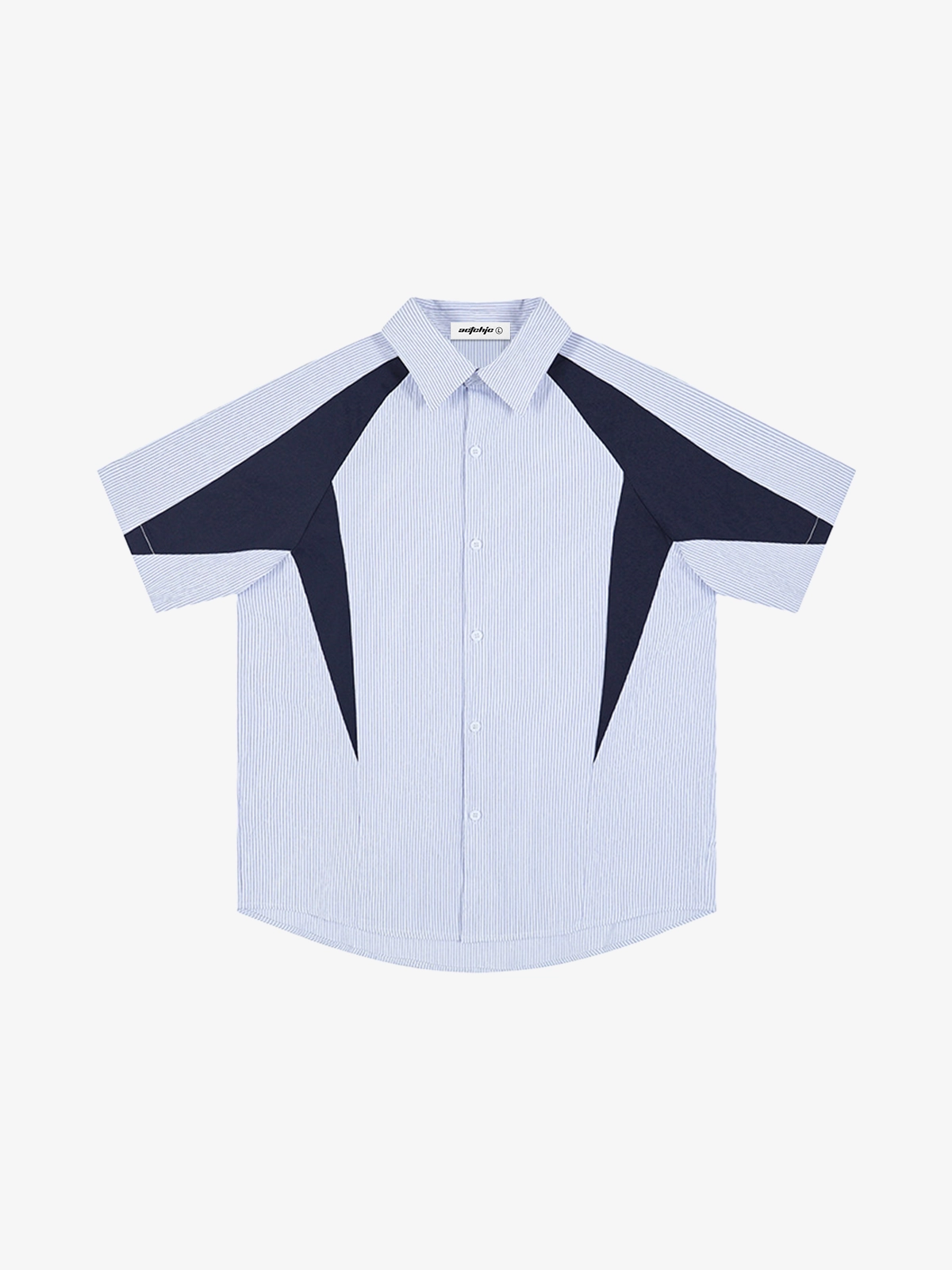 Blue Act Chic Color Block Patchwork Stripe Short Sleeve Shirt Front