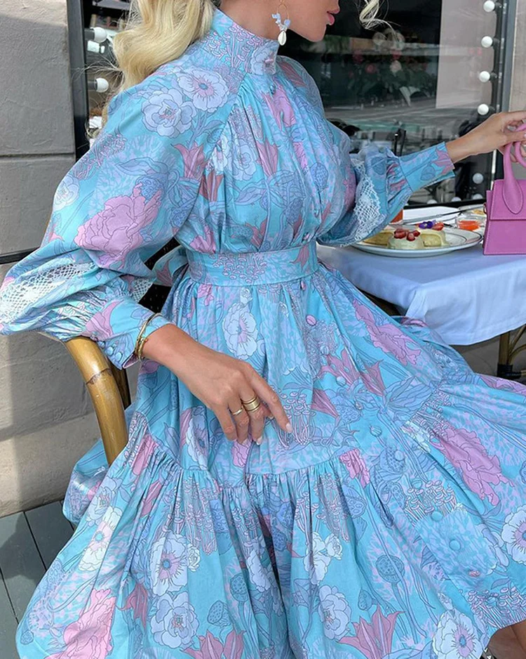 Temperament Print Lace Splicing Dress