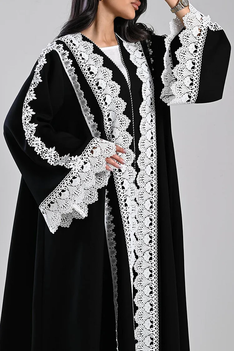 Colorblock Guipure Lace Patchwork Loose-Fit Abaya Long Cardigan [Pre Order]