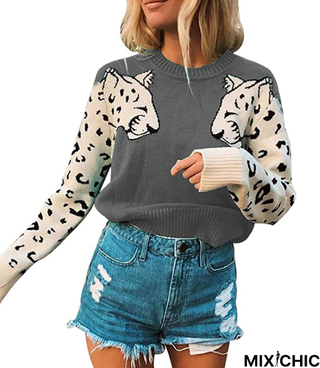 Casual Color Block Leopard Head Blouse Sweater