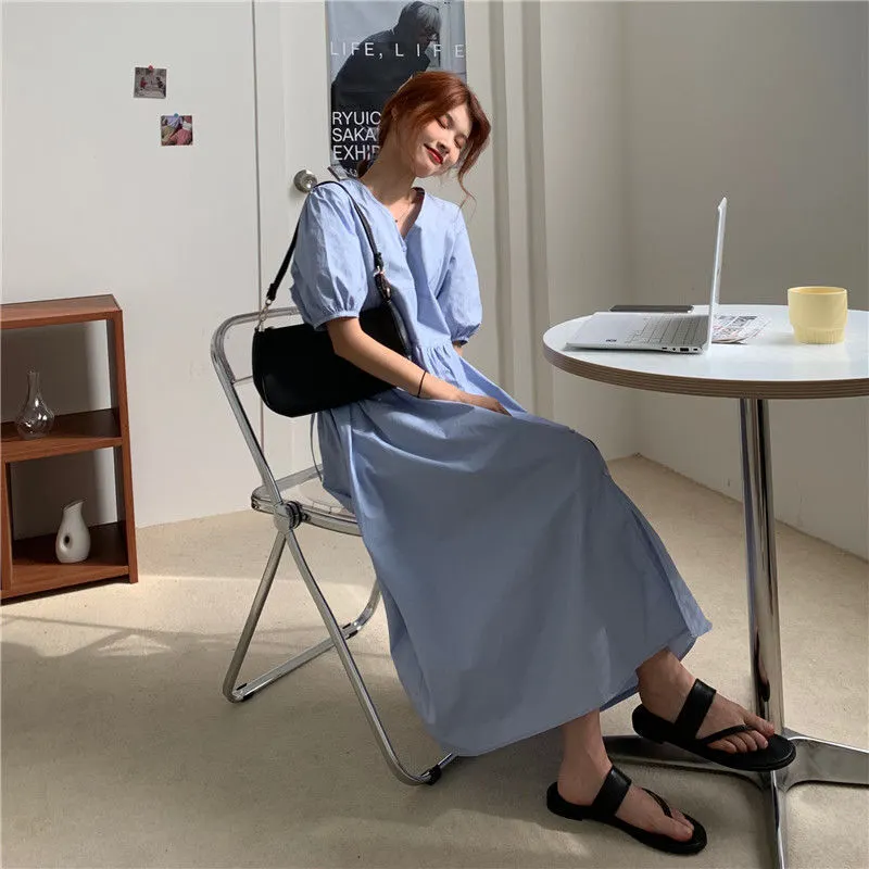 Uveng Sleeve Casual V-neck Dress Women Maxi Dresses Korean Style Cute Loose Fashion Students Solid Defined Waist Stylish Slim