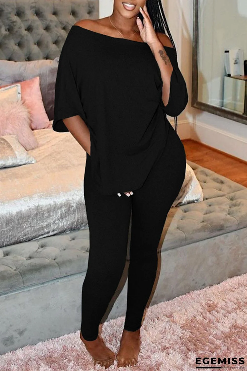 Black Fashion Casual Solid Backless O Neck Half Sleeve Two Pieces | EGEMISS