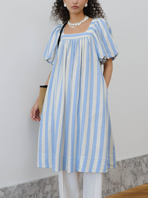 Lantern Sleeve Striped Square Neck Midi Dress