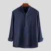 Men's Casual Loose Solid Color Cotton Linen Long Sleeve Shirt