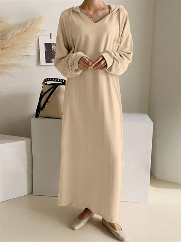 Women's Long Sleeve Hooded Solid Color Maxi Dress