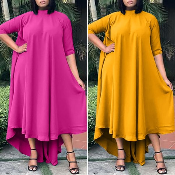 VONDA Women Half Sleeve Irregular Hem Pleated Dress Casual Loose Holiday Long Dresses Vestidos Plus Size 4# - BlackFridayBuys