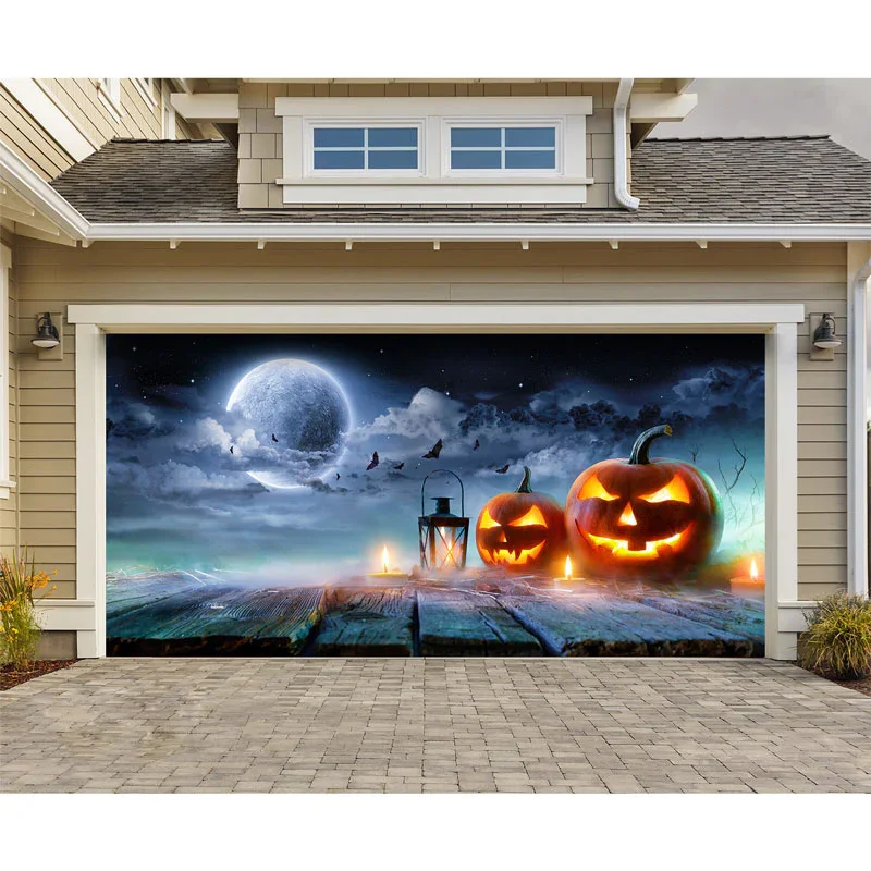 Jack-O-Lantern on Table in Spooky Night - Halloween With Full Moon Garage Door Banner Mural