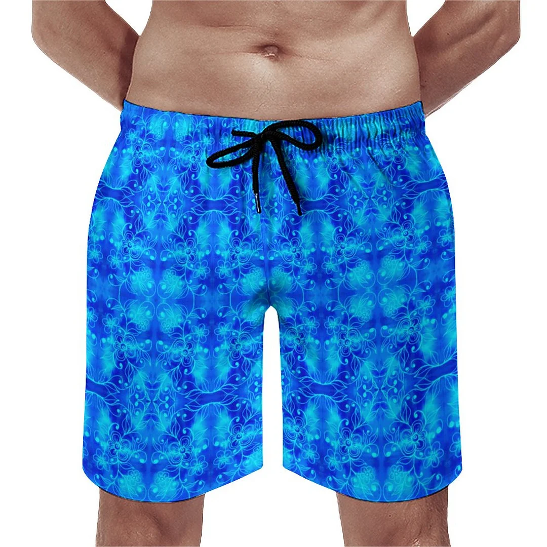 Abstract Blue Floral Geometric Men's Swim Trunks Summer Board Shorts Quick Dry Beach Short with Pockets