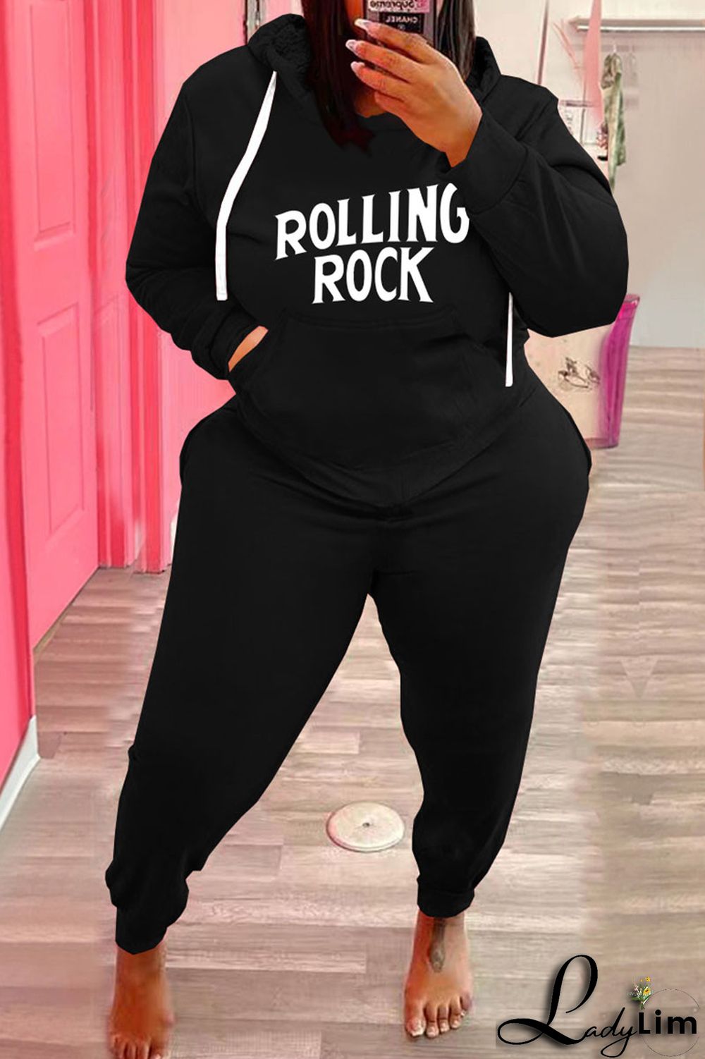 Army Green Fashion Casual Letter Print Basic Hooded Collar Plus Size Two Pieces