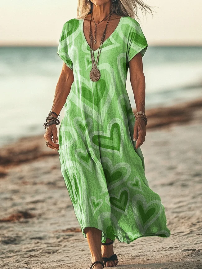 Women's Green Valentine's Day Print Pocket Cotton Dress