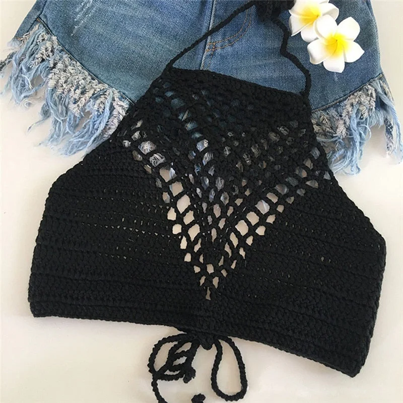 2021 New Bikini Top Crochet Women Boho Beach Bralette Solid Halter Knitted Swimsuit Bikinis Bathing Suit Top