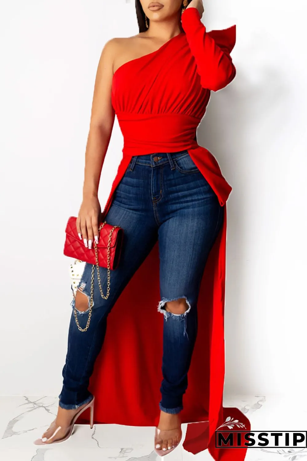 Navy Blue One Shoulder Collar Long Sleeve asymmetrical crop top Solid