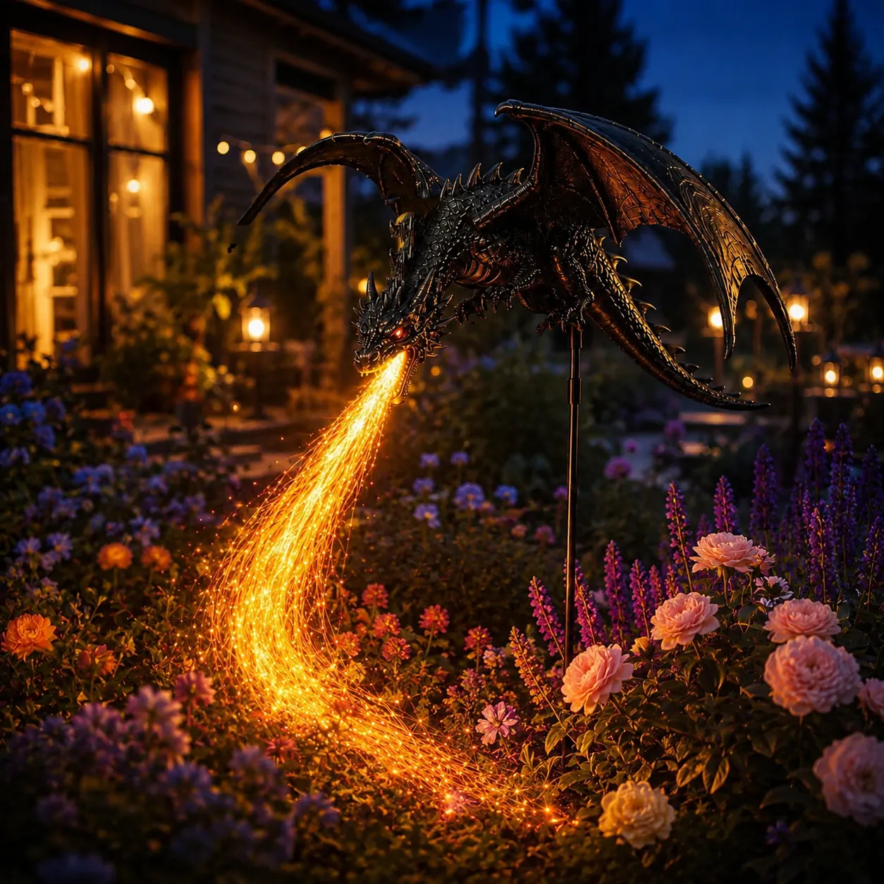 Dragon solar garden light glowing among flowers
