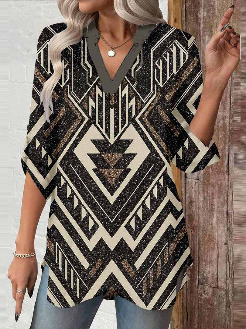 Women Western,  Black,  Geometric DZGA0421 3/4 Sleeve V-neck Printed Graphic Button Tops