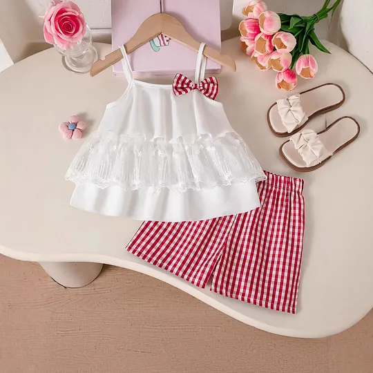 【3Y-10Y】Girls' Tulle Camisole Top + Plaid Shorts Set