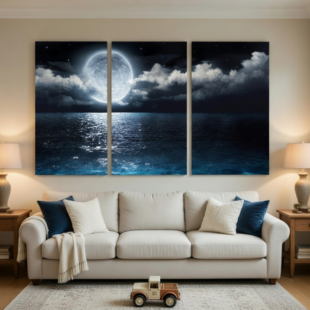 3-Piece Set Moon Ocean Landscape Canvas Wall Art