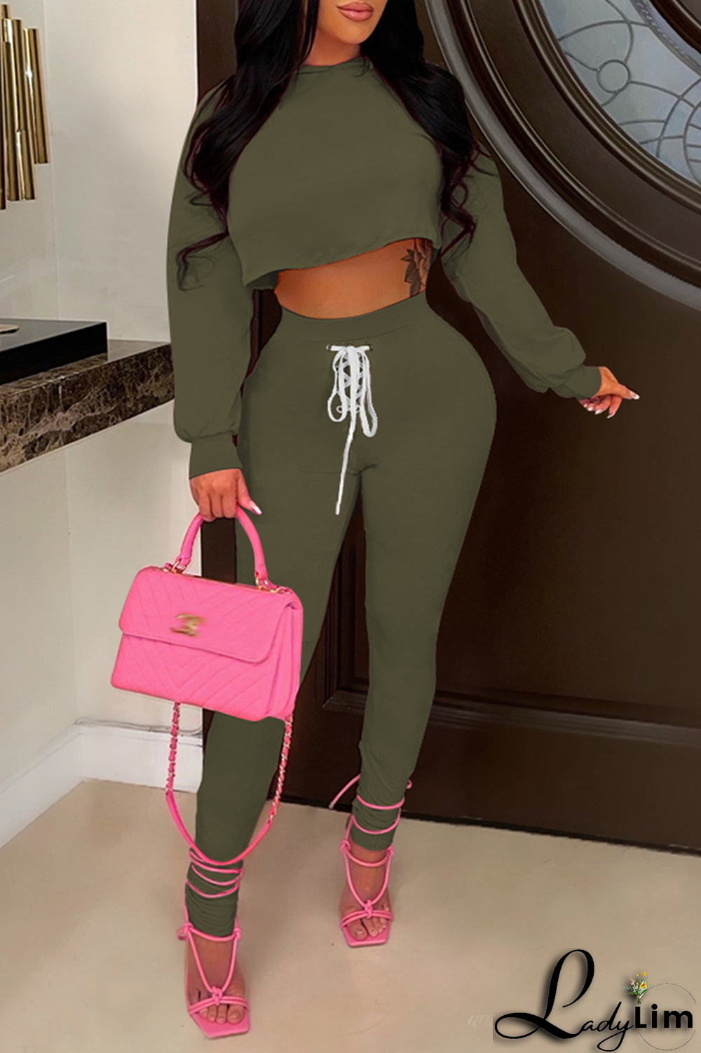 Black Casual Solid Draw String O Neck Long Sleeve Two Pieces