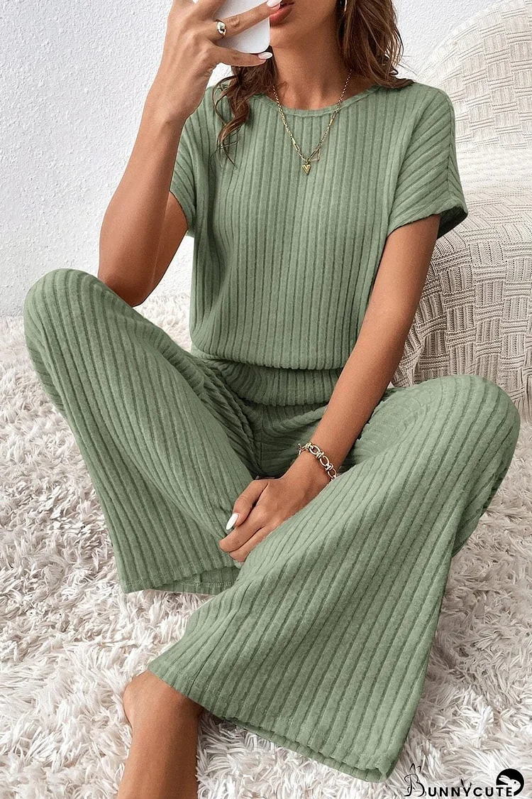 Grass Green Ribbed Wide Leg Jumpsuit with Short Sleeves