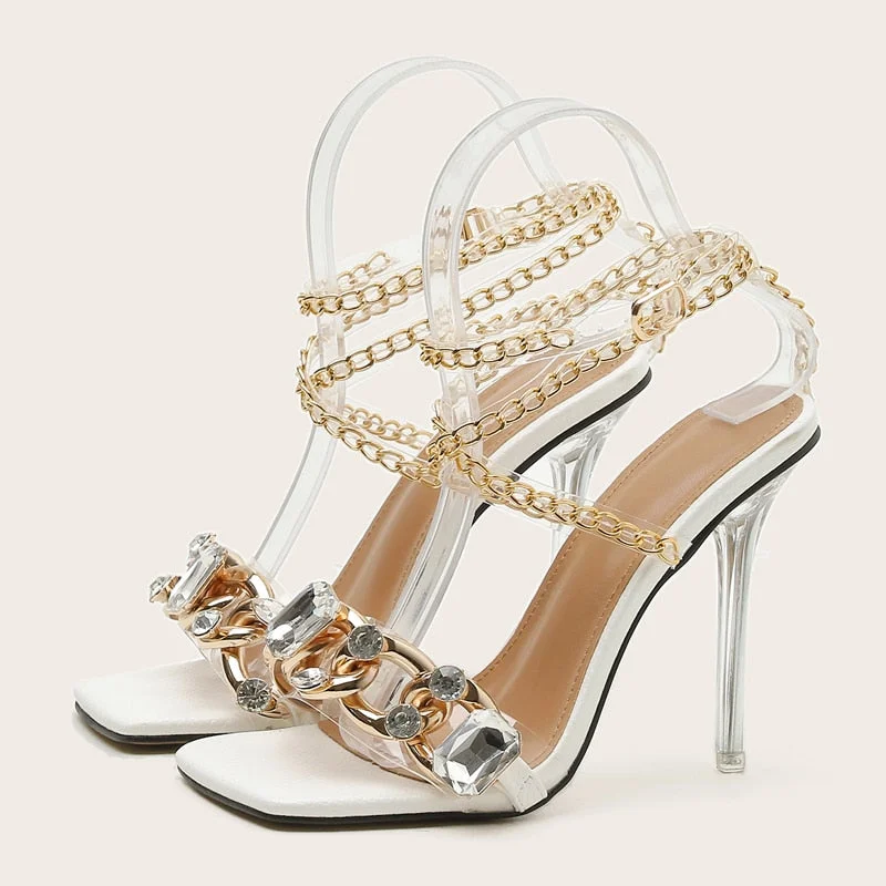 Eilyken Newest Crystal Chain Women Sandals Summer Party Wedding Shoes Sexy Fashion Square Toe Transparent Perspex Stiletto Heels
