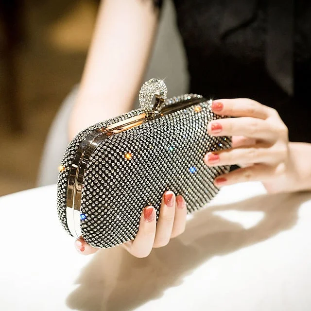 Ladies Evening Bag Alloy Glitter Crystals Solid Color Clutch Bag