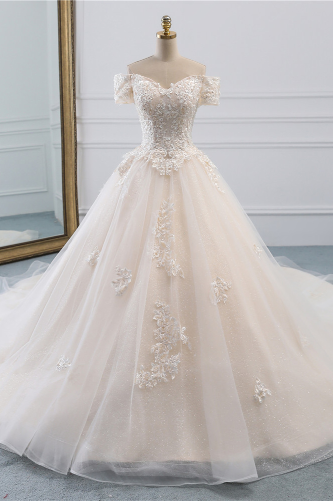 Long Princess Off-the-Shoulder Tulle Wedding Dress With Appliques Lace