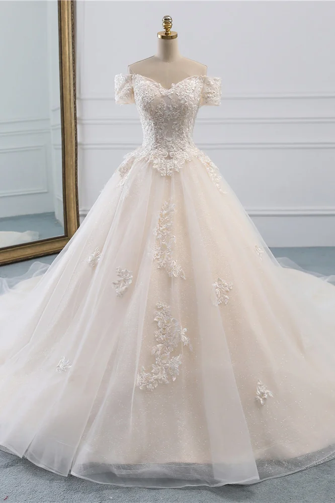 Long Princess Off-the-Shoulder Tulle Wedding Dress With Appliques Lace