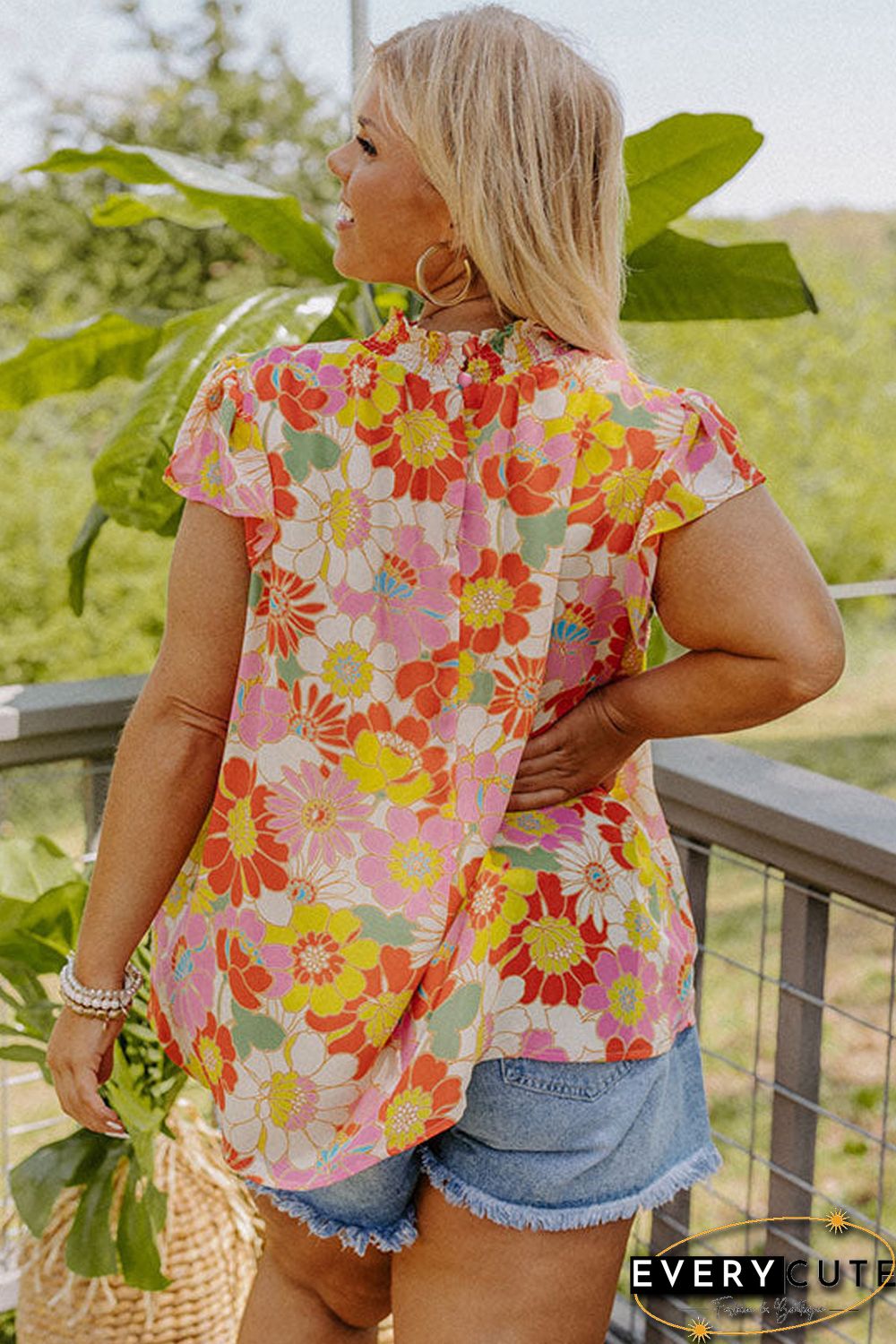 Multicolor Plus Size Mock Neck Ruffle Sleeve Floral Blouse