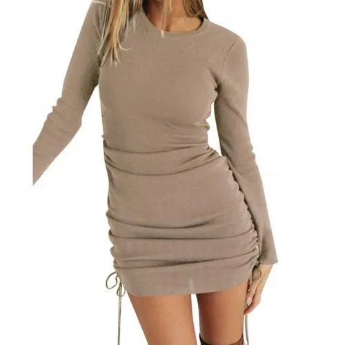 Sexy Women Long Sleeve Solid Color Drawstring Ruche Mini Bodycon Party Dress Tight Dresses Woman Party Night Women Clothes 2021