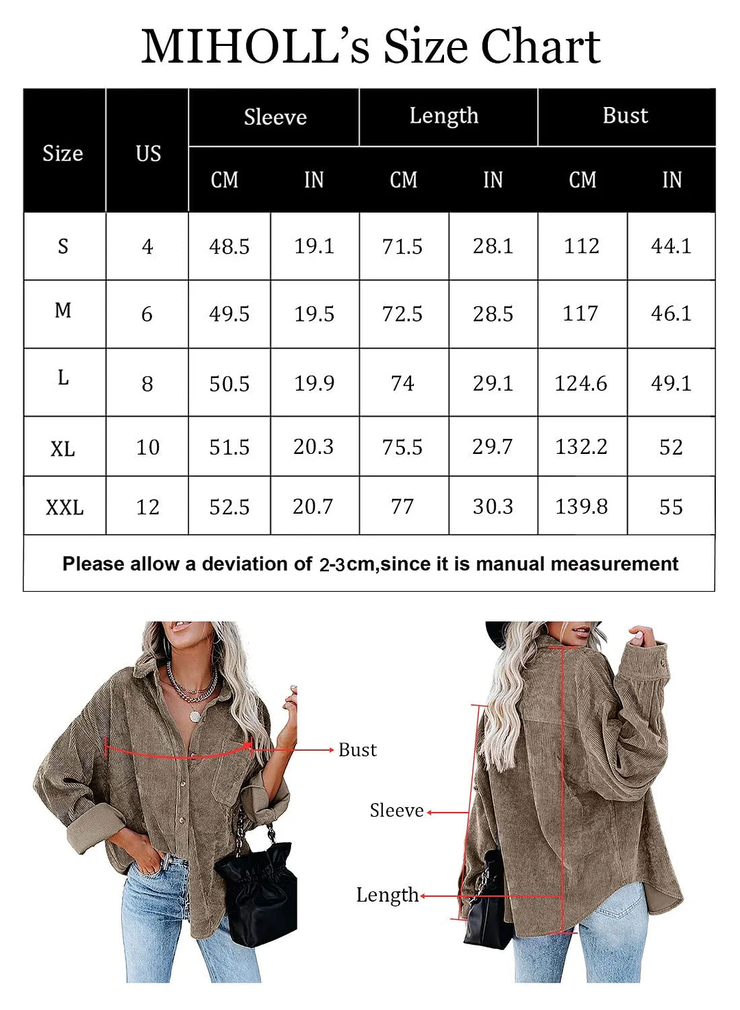 MIHOLL Women Corduroy Long Sleeve Button Down Collared Shirt Jacket Tops